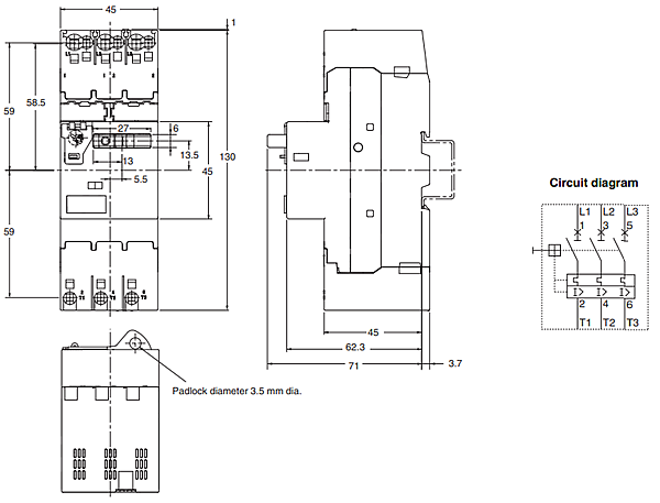 Mechanical Drawing - Omron Industrial Automation J7MC Manual Motor Starters
